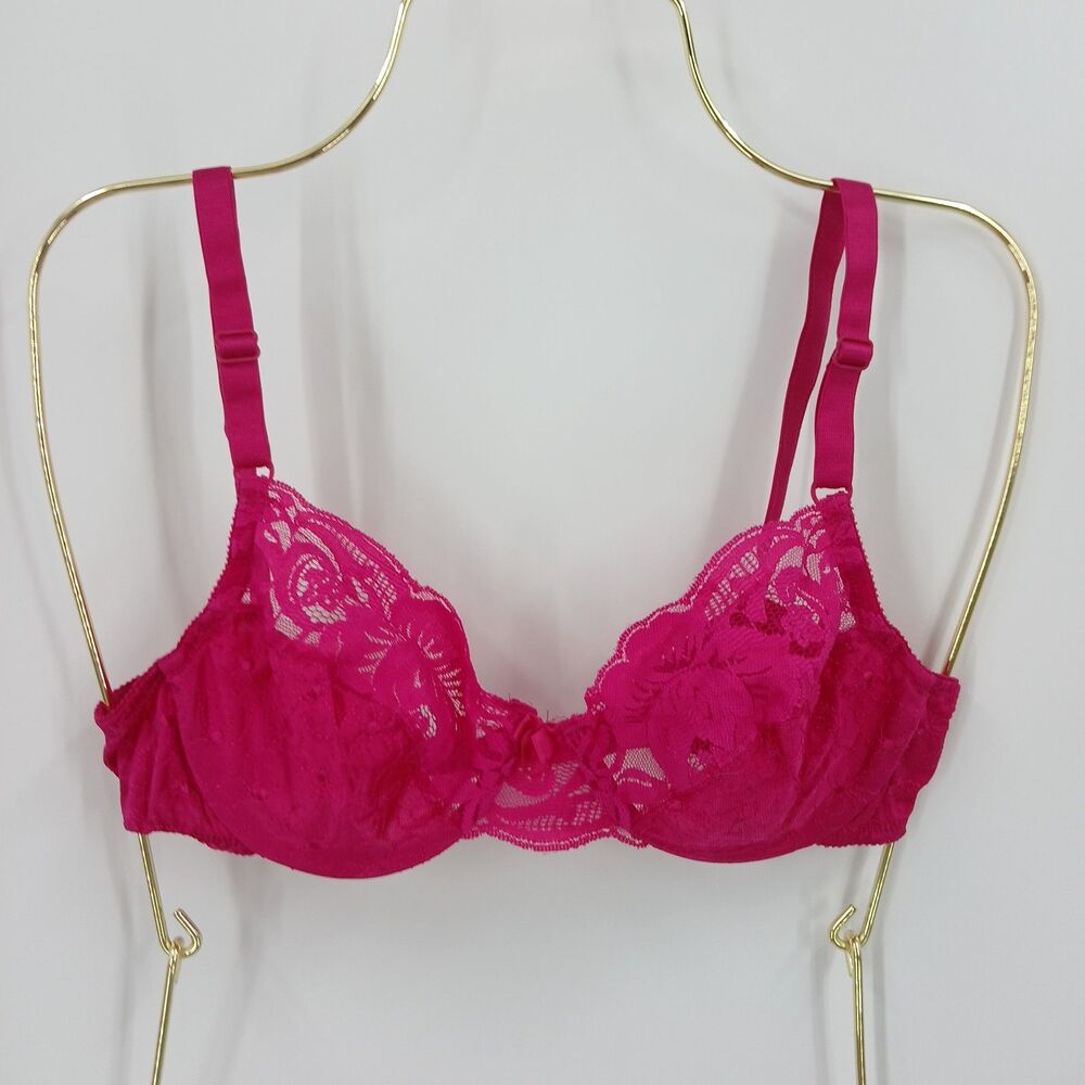 womans vintage Victoria's Secret Hot Pink Lace Unlined Bra gold label size 34B